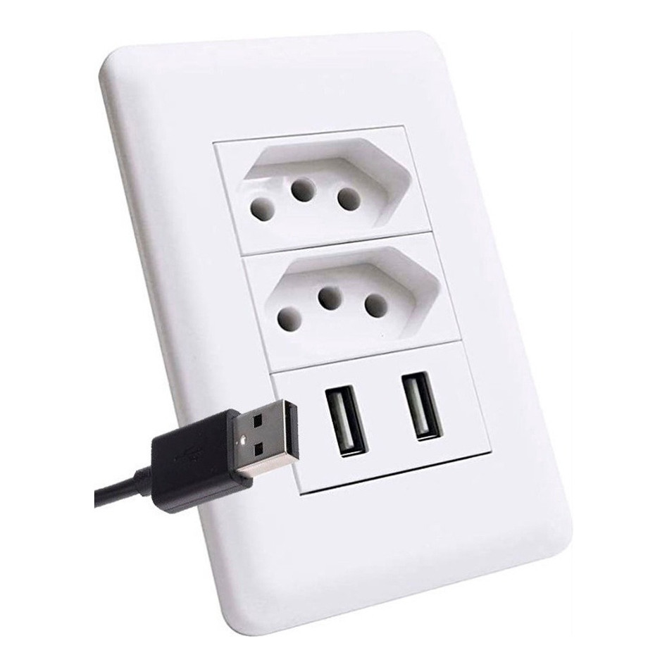 Tomada Bivolt Com Entrada Usb Parede 5v 2.1a Entrada 3 Pinos