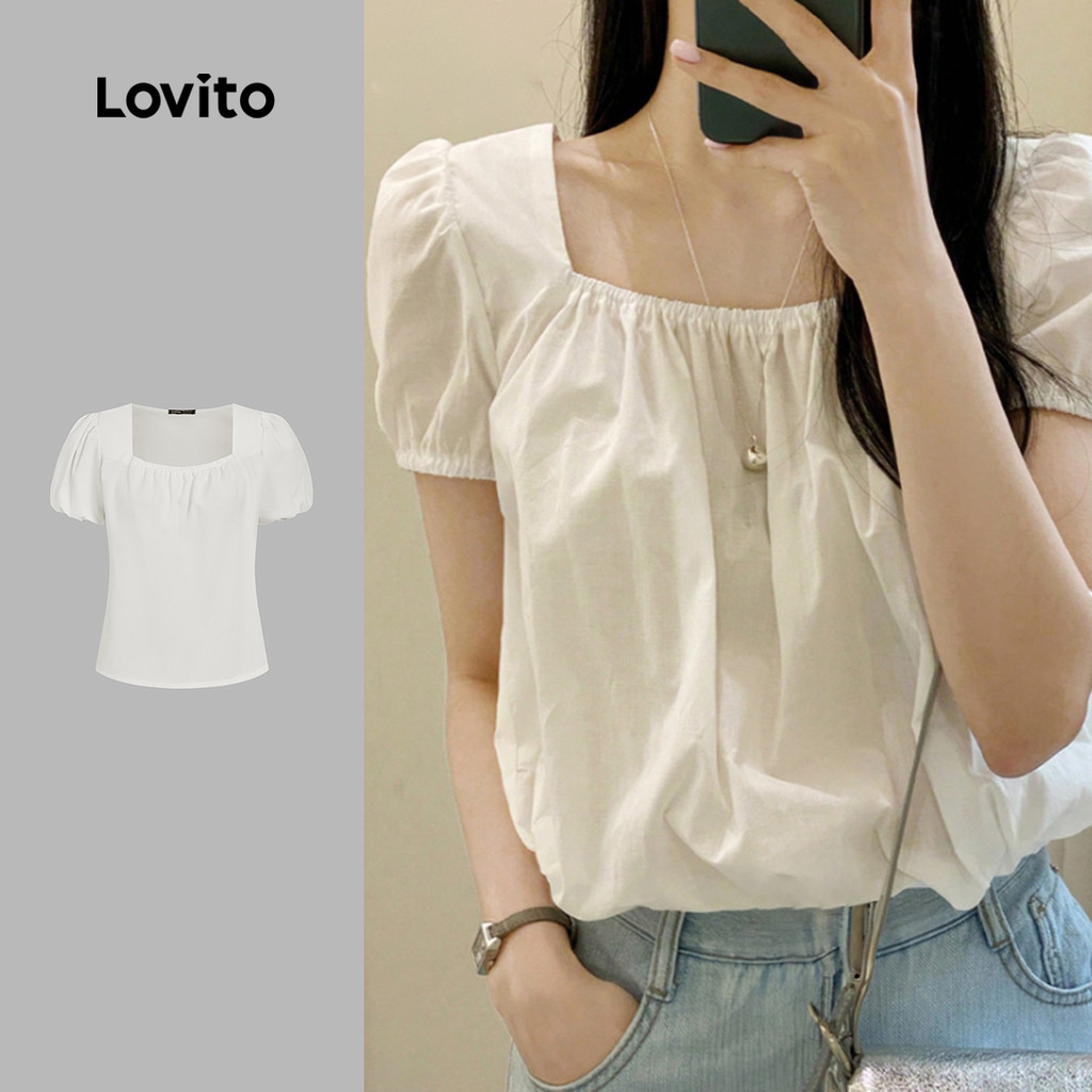 (Casual) Lovito Blusa Fofa com Franzido Clássica e Versátil Blusa Branca para Primavera/verão para mulheres L150AD794