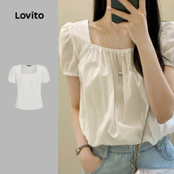 (Casual) Lovito Blusa Fofa com Franzido Clássica e Versátil Blusa Branca para Primavera/verão para mulheres L150AD794