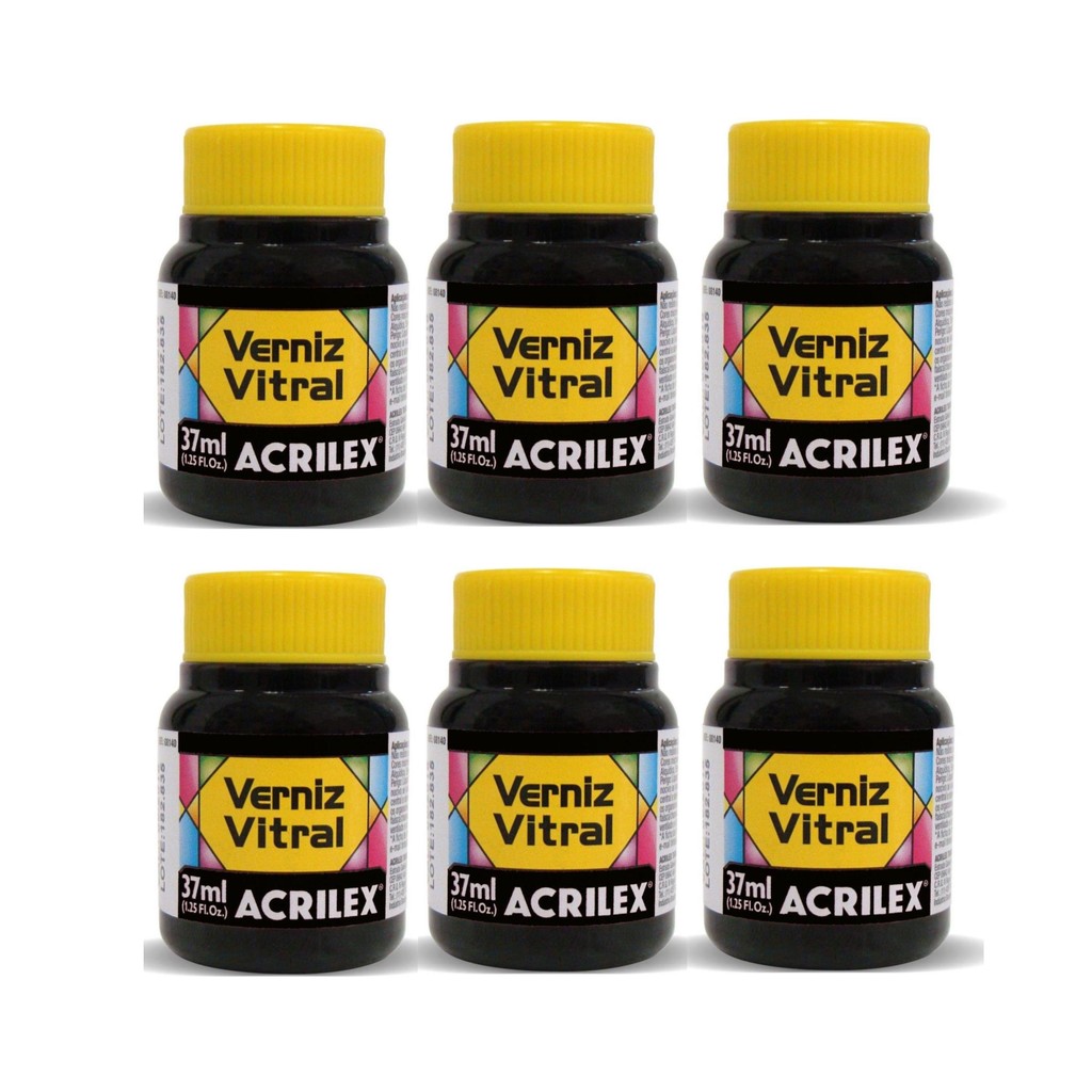 Kit Com 6 Verniz Vitral Preto 520 - Acrilex - 37ml Perfeito para Copos Garrafas Vasos e Outras