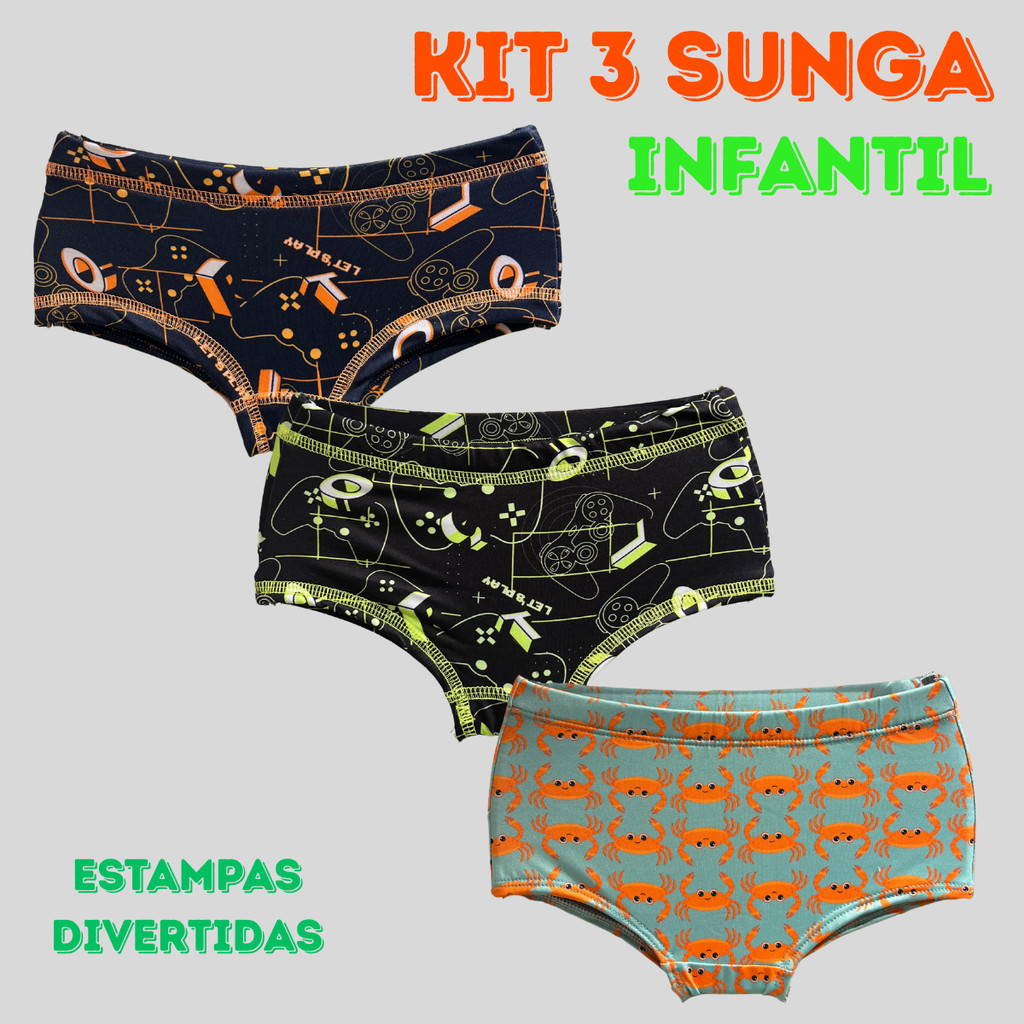 Kit 3 Sunga Boxer Com Forro Proteção UV50+ Bebê Menino Juvenil Tam 1 A 12 Anos