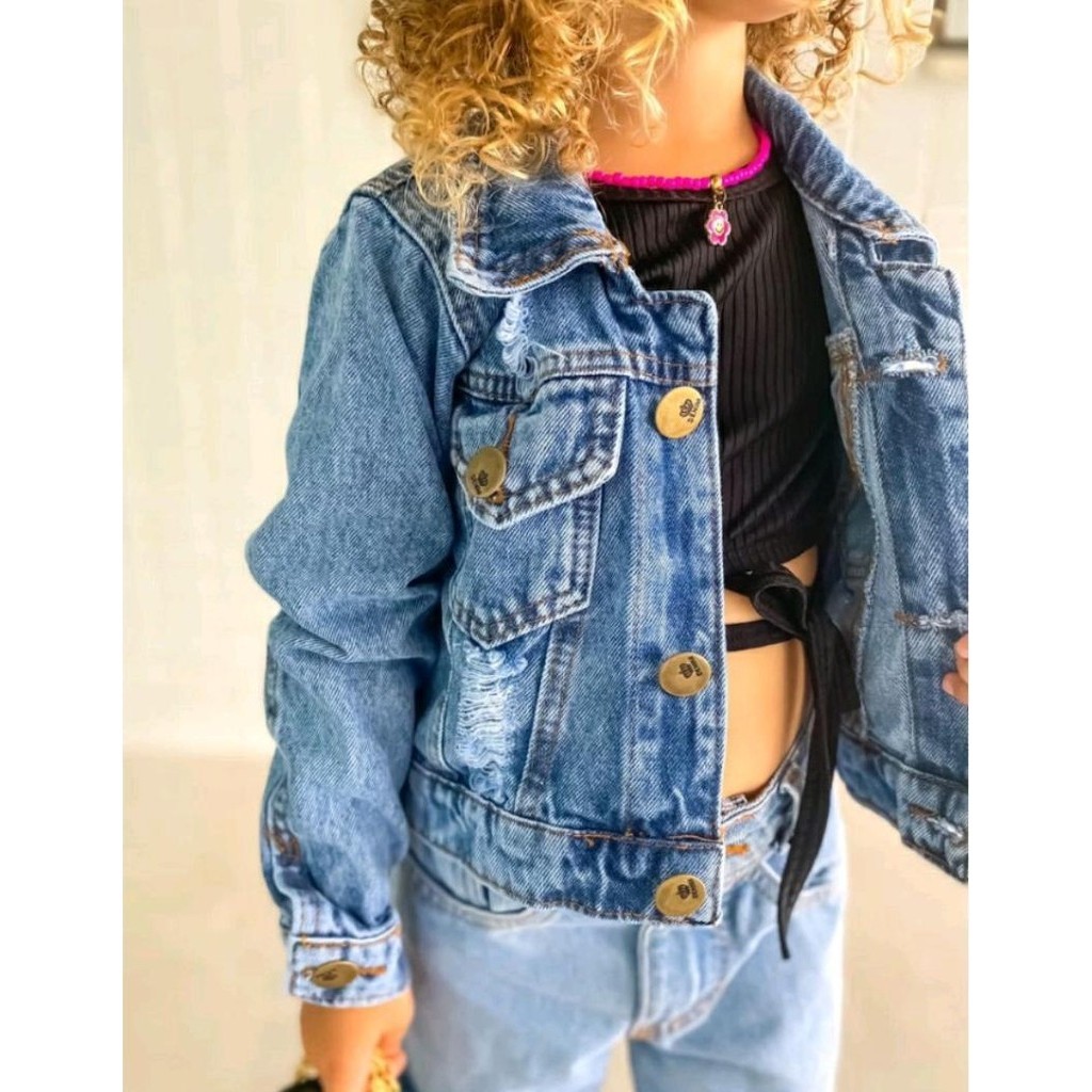 Jaqueta Jeans marmorizada clara Infantil Destroyed Moda Blogueirinha Menina diva em Oferta na Shopee