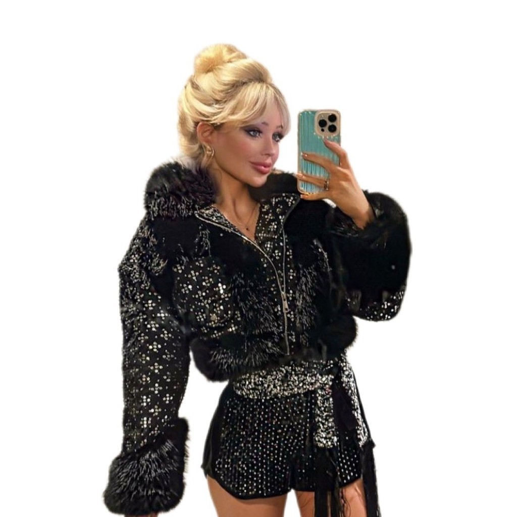 Jaqueta Luxo Feminina Tweed Peluciada Bordada Brilho