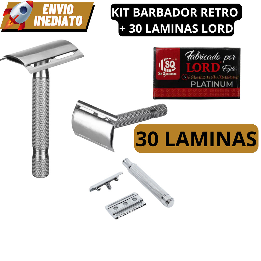 Aparelho De Barbear Articulado Clássico Retrô + 30 Laminas Lord Egito Platinum