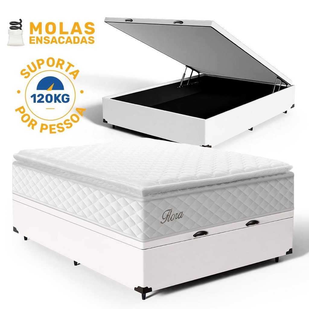 Cama Box Baú com Colchão de Molas Ensacadas Pillow Top Flora Casal 138cm em Oferta na Shopee