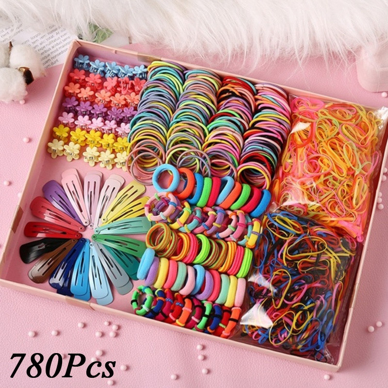 780 Pcs/Set Nova moda menina Candy cor nylon borracha banda criança mulher segura grampo de cabelo elástico faixa frágil em Oferta na Shopee