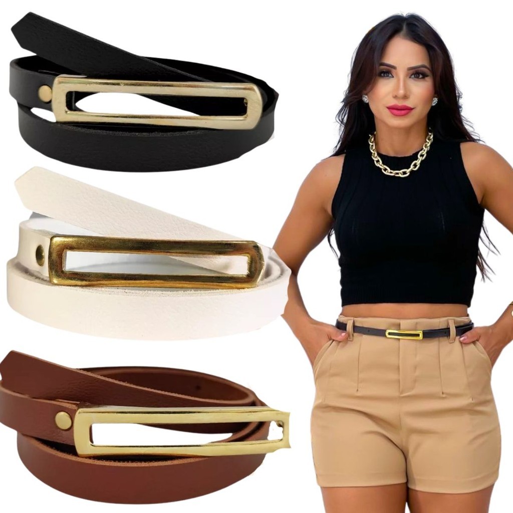 Kit Cinto Feminino Elegante Retangular Fino Fivela Dourada