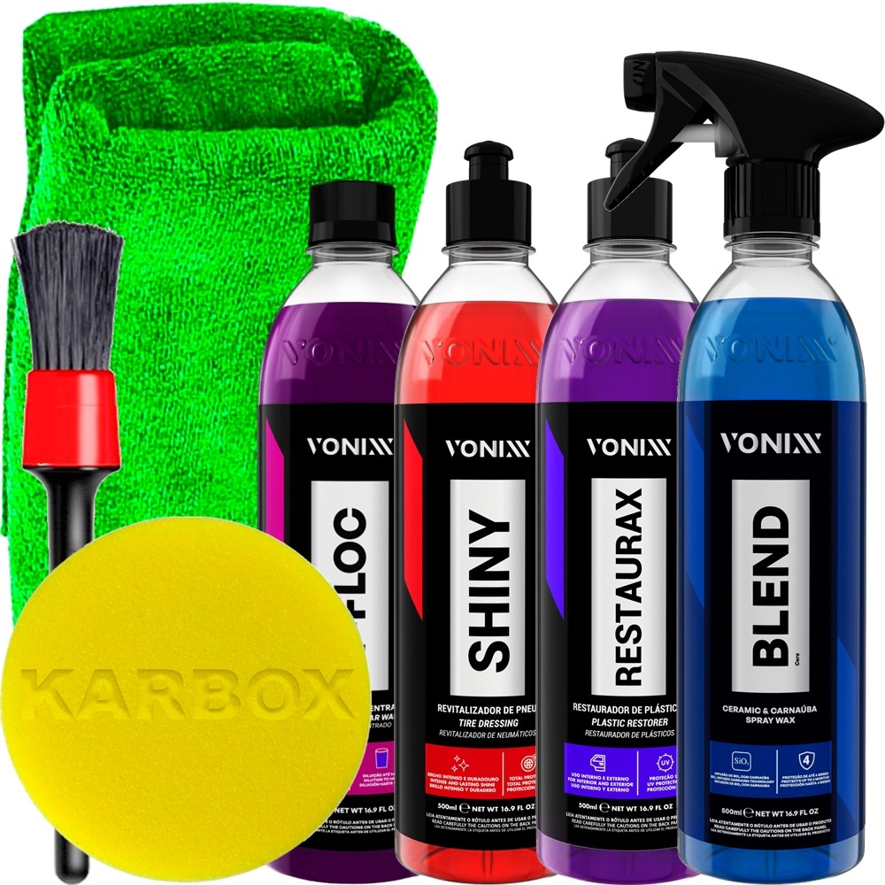 Kit Lavagem Automotiva Vonixx Lava Autos V-Floc Selante Shiny Restaurax Cera Blend Spray + Acessórios Karbox