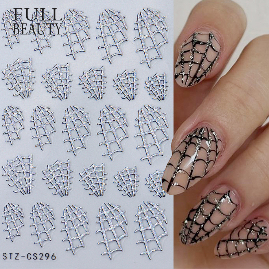 Decalques de Manicure Ins Halloween Glitter Silver Spider Web Love Adesivos Geométricos de Unhas