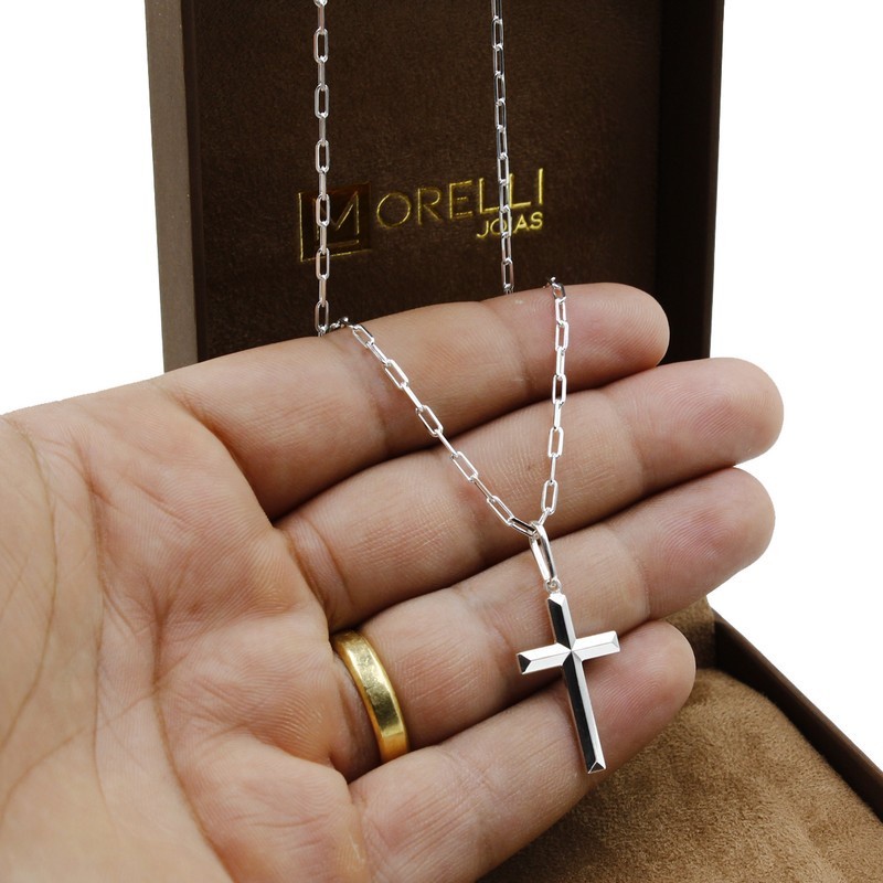 Corrente de prata 925 Masculina malha cartie clássica 70cm pingente cruz lisa quinada em Oferta na Shopee
