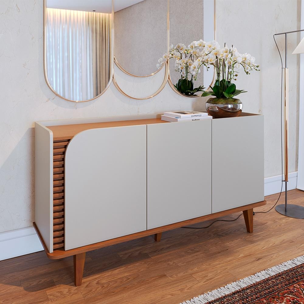 Buffet Decorativo Sala de Jantar Versátil Village 1,36cm Pés de Madeira Off-White/ Freijó G73 - Gran Belo em Oferta na Shopee