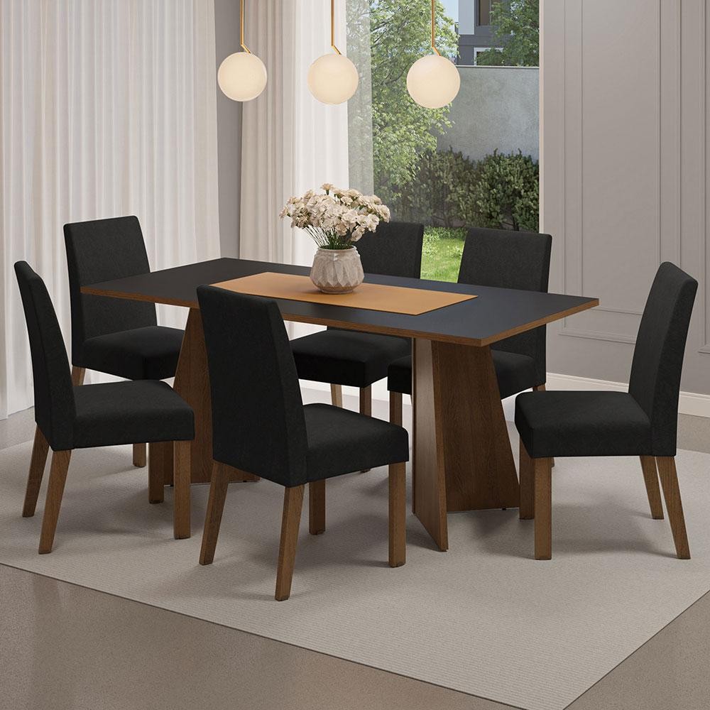 Conjunto Sala de Jantar Mesa Tampo de Madeira 6 Cadeiras Rustic/Preto/Oxford Simone Madesa em Oferta na Shopee