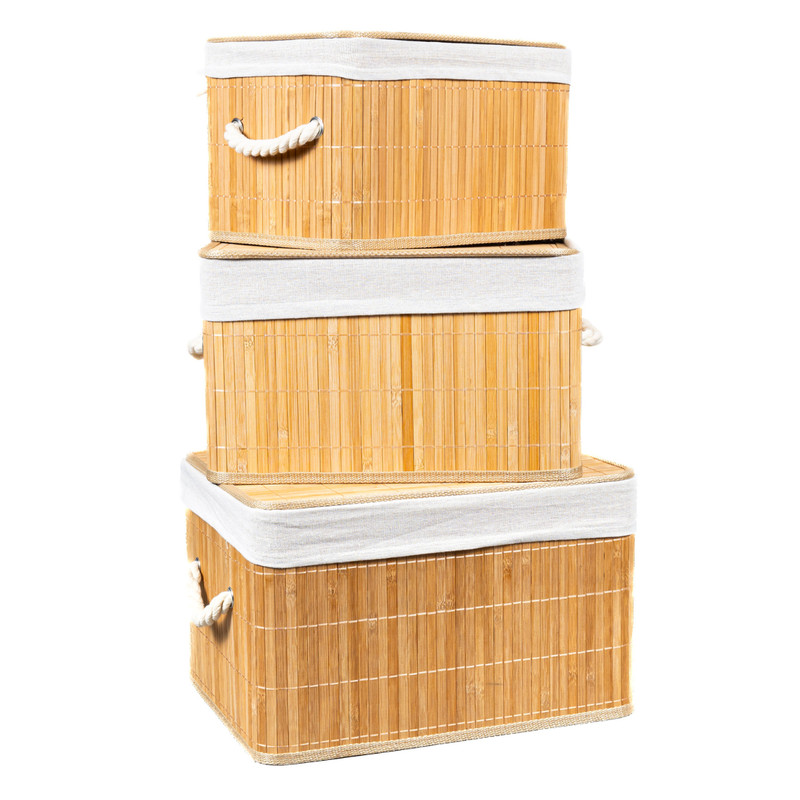 Conjunto 3 Caixa Cesto Organizador Retangular Bambu Tampa Tecido Linho Alças 39 36 33cm Decoração em Oferta na Shopee