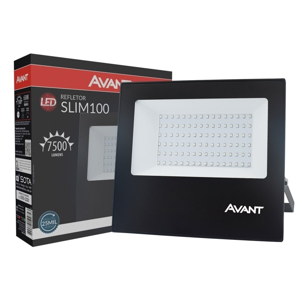 Kit 2  Refletores - Refletor Avant LED, 100W, Slim 6,5K, 7500 Lumens, Preto, Bivolt - Home & Living