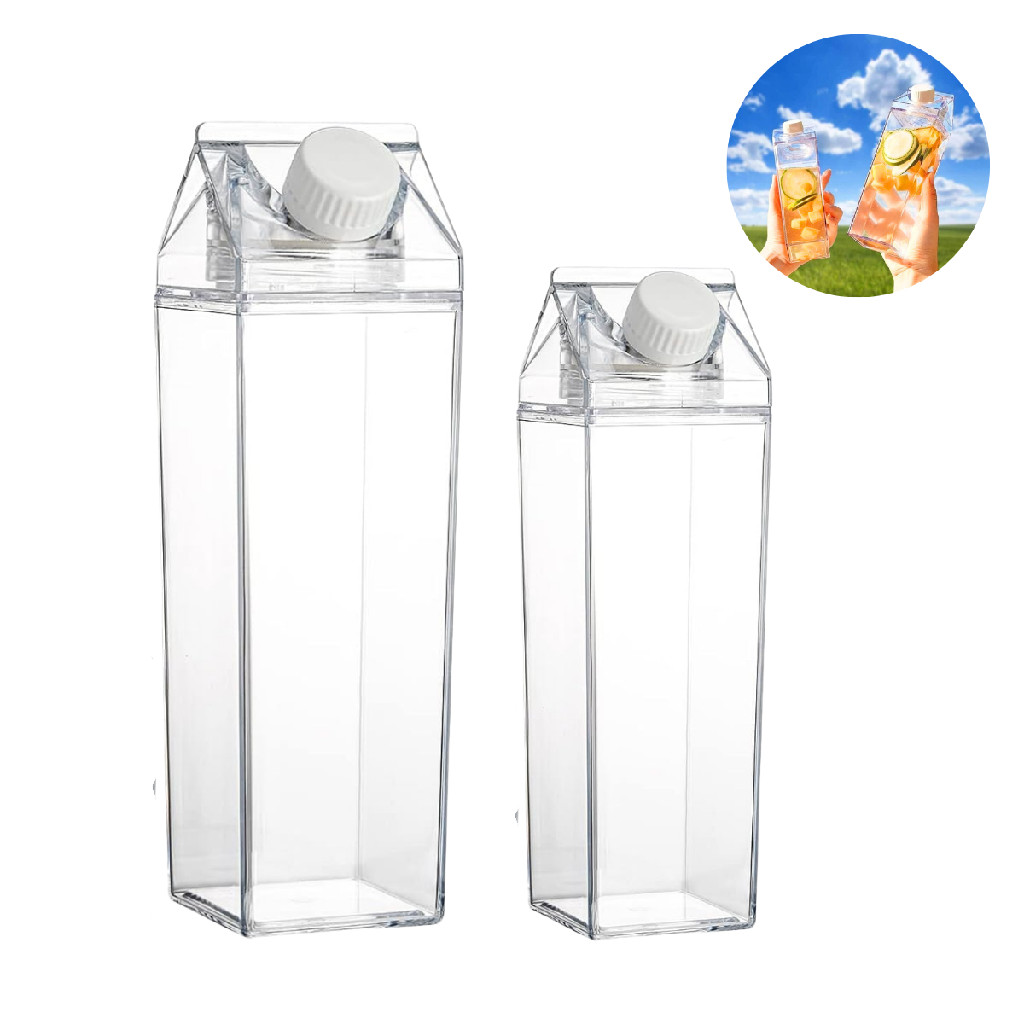 2 Garrafas Caixa de Leite Transparente Acrílico Grande Bebidas Geladeira água suco 500ml 1000ml passeio picnic com tampa