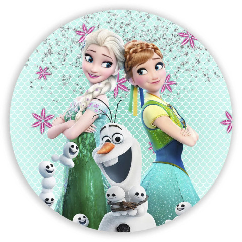 NOVO Painel Festa Infantil Redondo Frozen Anna Elsa e Olaf Fundo Escama de Peixe Azul Claro + arco plástico de alta densidade medindo 78cm de diâmetro. O melhor custo x benefício do Brasil.  Lona com impressão digital de alta qualidade. fixação da lon