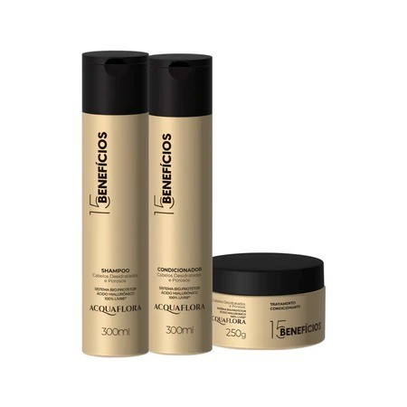 Kit 15 Benefícios Acquaflora Shampoo + Condicionador 300ml + Máscara 250g Ácido Hialurônico