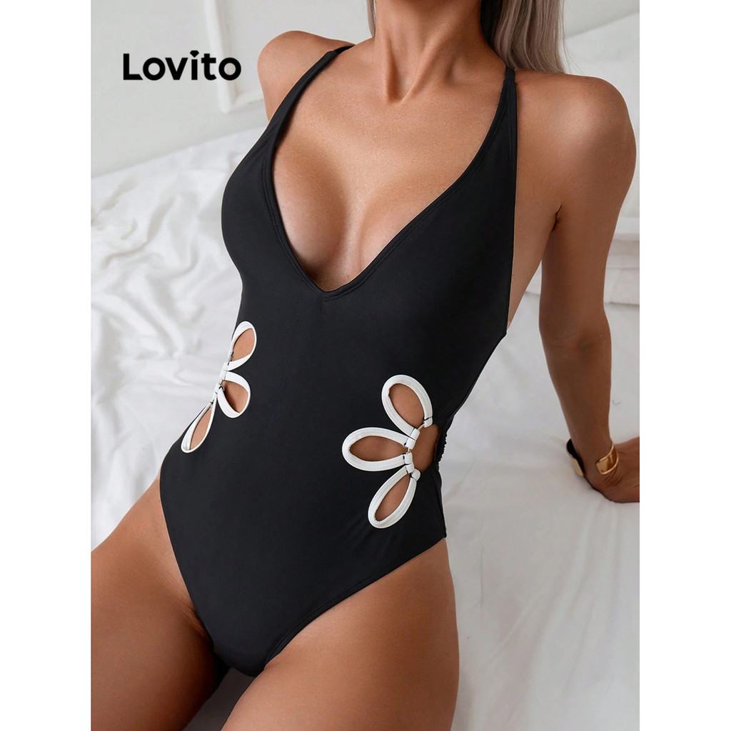 Lovito Apliques De Maiô Casual Primavera/Verão Praia Peça Única Para Mulheres LBL16818 - Sports & Outdoors