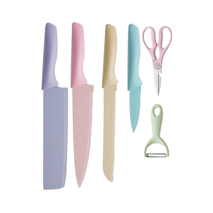 1/2KIT Conjunto de Facas com Tesoura Descascador Cozinha Gourmet 6 Peças Coloridas e Preto Utilidade