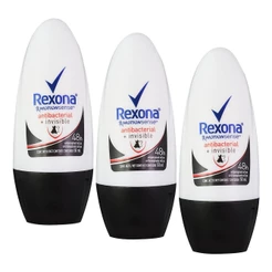 Kit 3 Desodorantes Roll-on Rexona Feminino Antibacterial Invisible 50ml