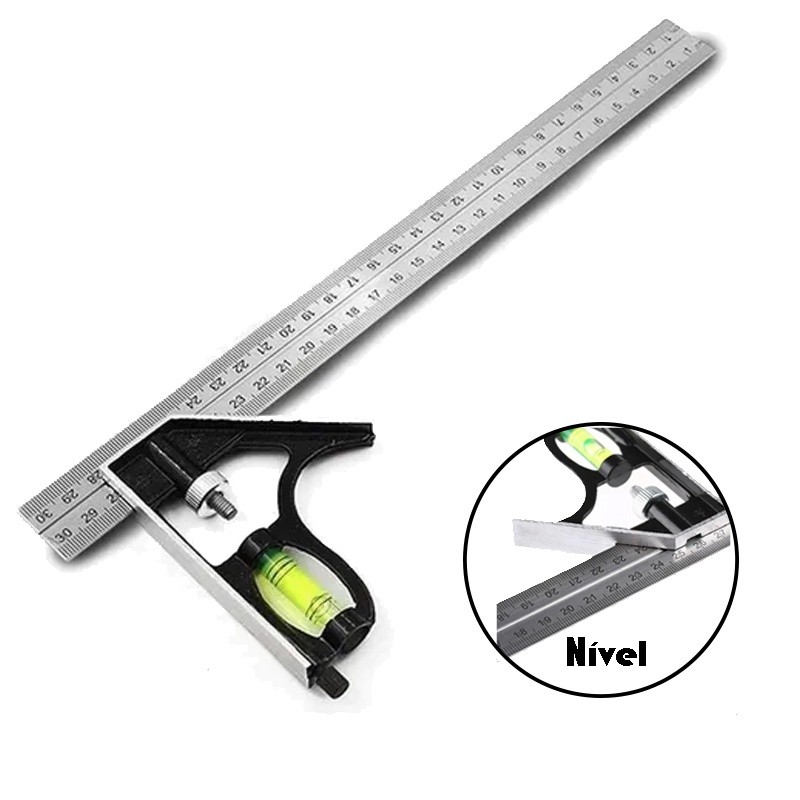 Esquadro Combinado De Aço Com Régua 45º E 90º 30 Cm Com Nível 12 Polegadas 300mm Aço Inoxidável