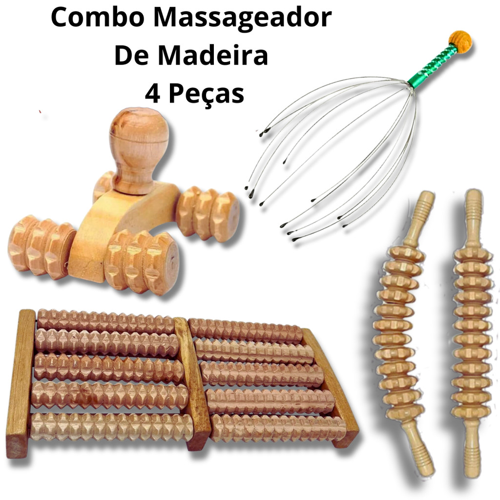 Combo massageador Rolo Bastao Massageador + Massageador Manual para Pes + massageador para cabeça + carrinho massageador