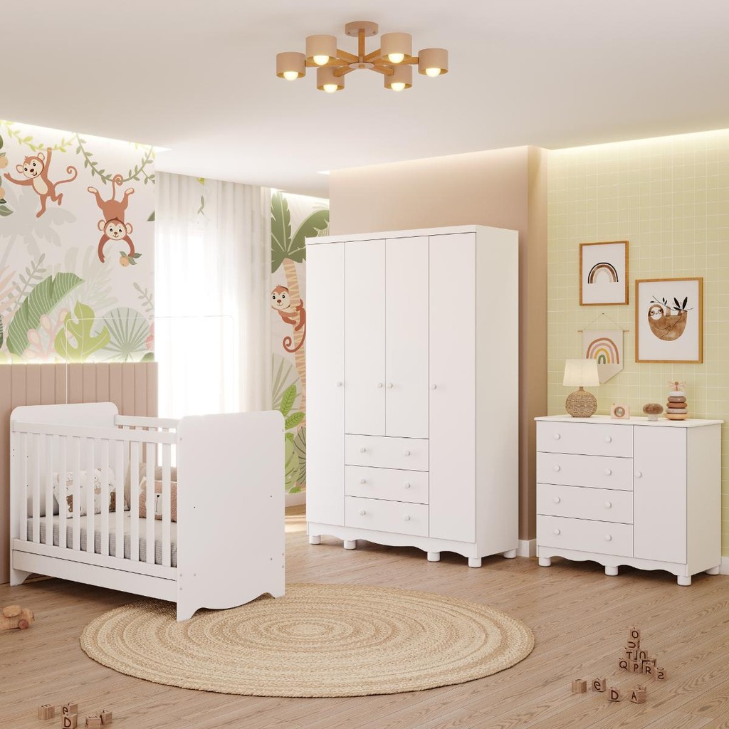 Quarto Bebê Completo Berço Americano Bem 3em1 Guarda Roupas 4 Portas Cômoda 1 Porta Junior 100% MDF em Oferta na Shopee