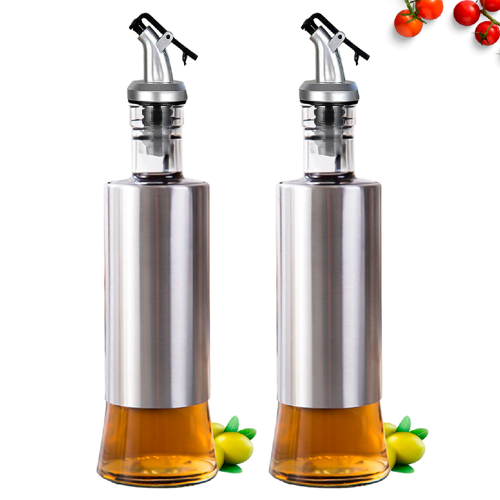 Kit 2 Galheteiros Porta Azeite Vinagre E Óleo C/ Dosador Inox 300 ML