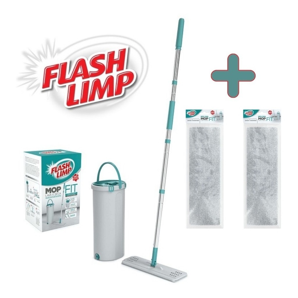 Mop Lava e Seca Fit Flash Limp Microfibra Original Balde + 2 Refil Extra com Cabo Regulável