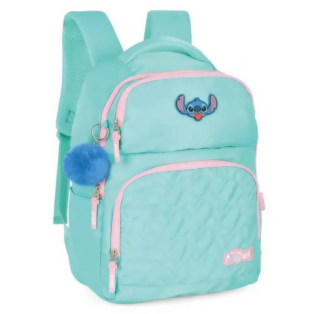 Mochila de Costas Juvenil Escolar Turquesa Stitch Menina Passeio Pompom Estudo Volta às Aulas Disney