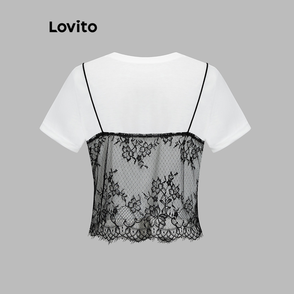 (Trendy) Lovito Camiseta Elegante Com Costura Em Tecido De Renda Lisa Para Mulheres L106AD114 - Women Clothes