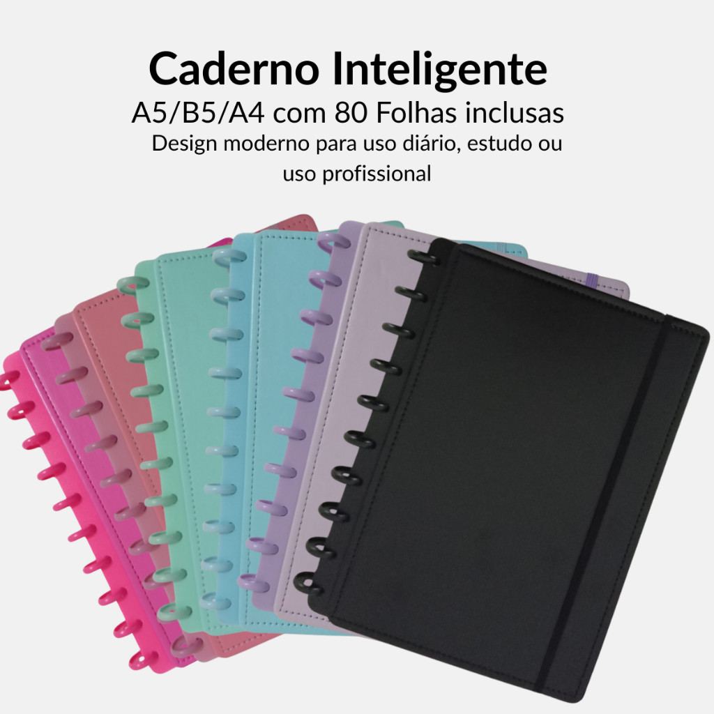 Caderno Inteligente A5/B5/A4 com Discos e Folhas Reposicionáveis Estudo Trabalho