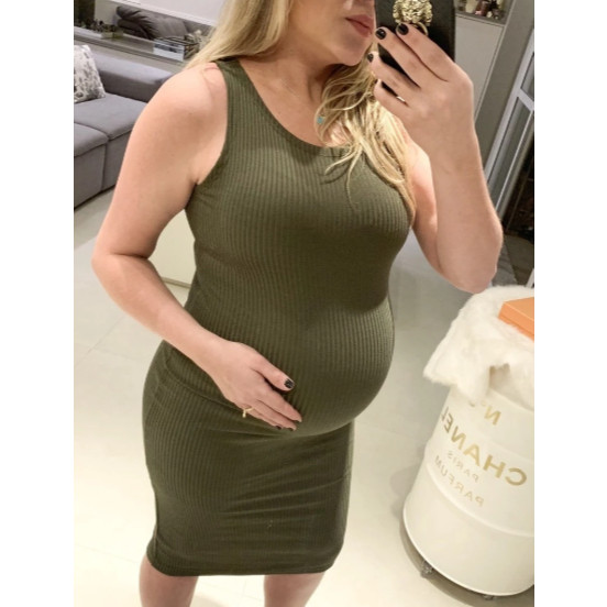 Vestido Feminino Midi Moda Casual Versátil Regata Canelado Blogueira Gestante Tubinho Feminino Festa Social Sexy