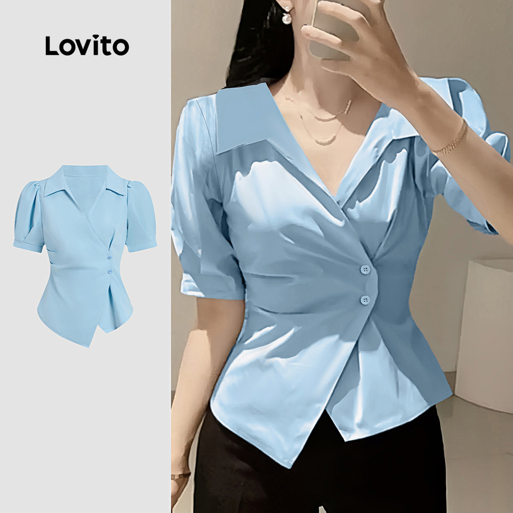 Lovito Blusa Casual com Botões e Pregas Leve e Confortável para Primavera/verão Azul para Mulheres L137ED788