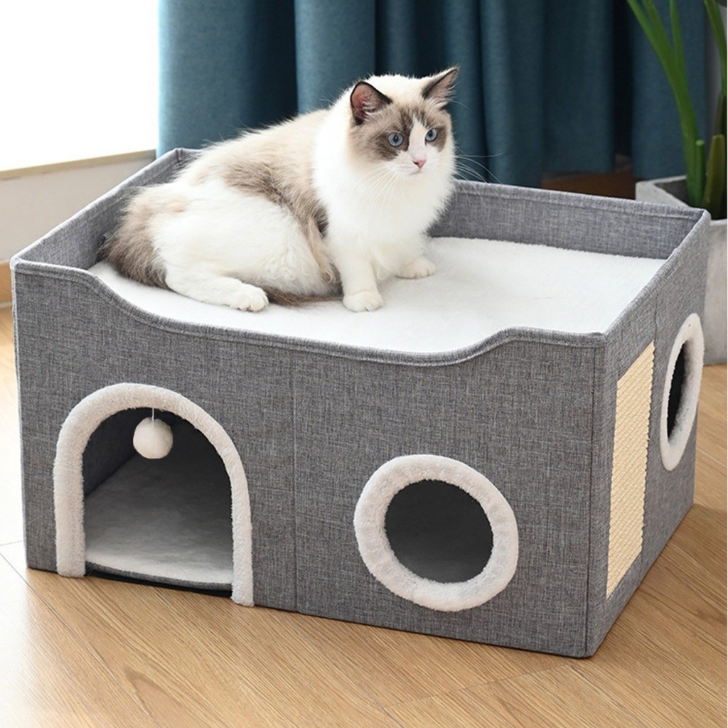 Casinha Gato Casa Cama Caminha Com Arranhador e Bolinha De Pelucia Para Gatos Pet 2 Andares Moderna