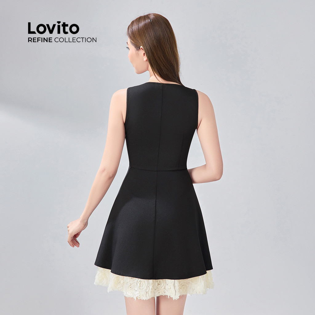 Detalhes do (Lovito -  Refine) Vestido Casual Falso 2 em 1 Drapeado Primavera/verão Preto para mulheres LR12A171