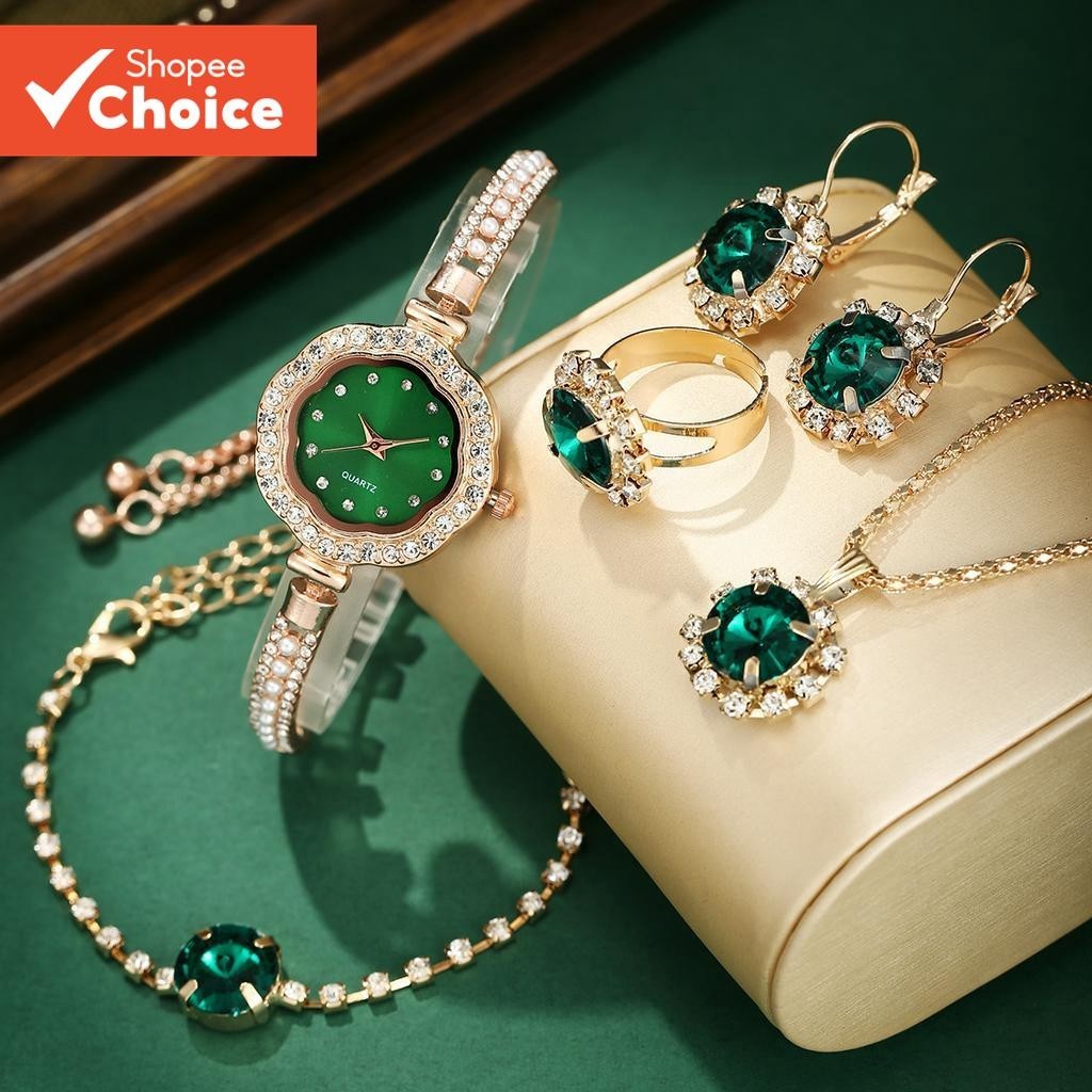 Novo Relógio De Pulseira De Quartzo Minimalista De Luxo Com Conjunto De Joias De Strass Glamoroso De 5 Peças , Perfeito 