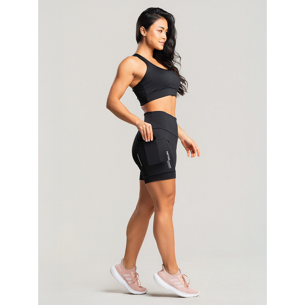Conjunto Top e Short Run Alta Sustentação Preto Massam Fitness