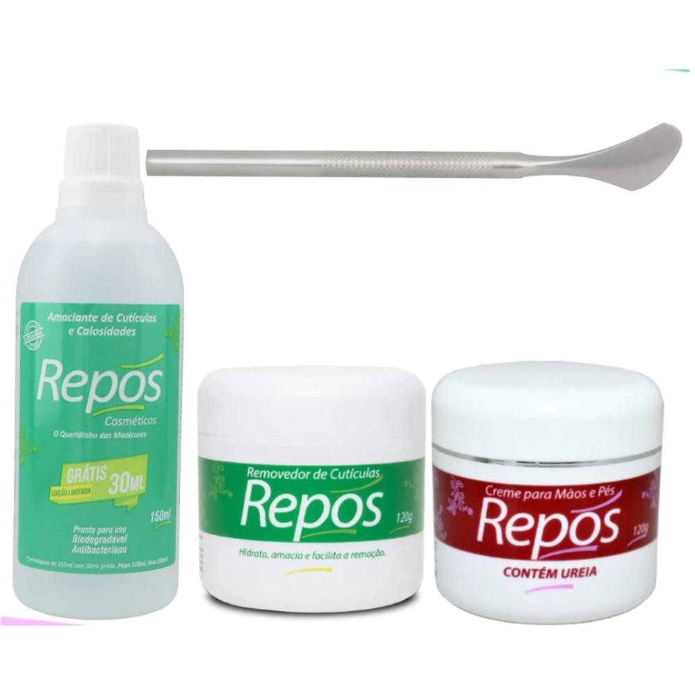 ✨ Kit Repos: Amaciante 120ml 💧 + Creme Removedor Cutículas 120g ✂️ + Hidratante Ureia 120g 🦶 + Espátula Inox 222 🔧