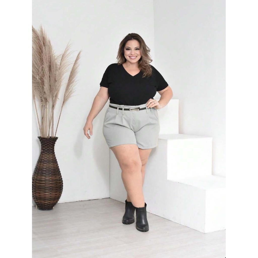 Short Feminino Alfaiataria Social Plus Size com Cinto cintura alta com bolso Promoção