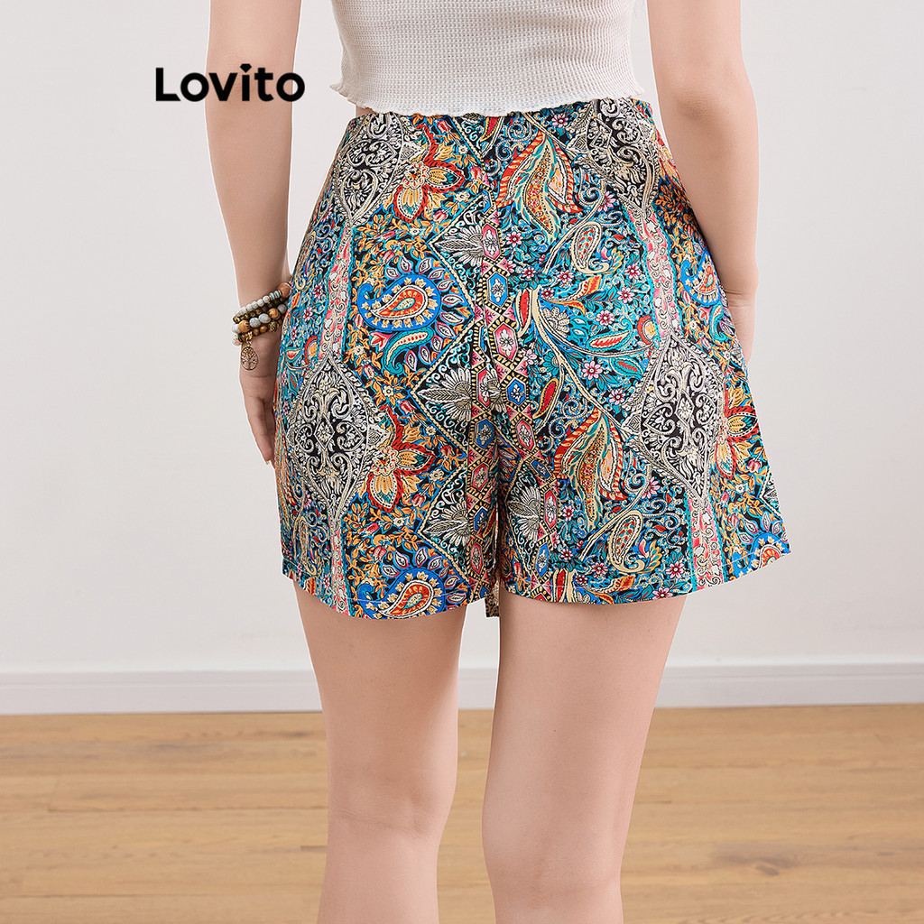 (Trendy) Lovito Shorts Boho Com Nó Geométrico De Verão Para Mulheres L109MD235 - Women Clothes