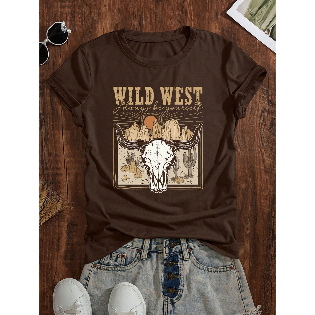 Tshirt Feminina Estilosa Estampada Wild West Country Lançamento Camiseta 100% Algodão Camisa Oversized Plus Size