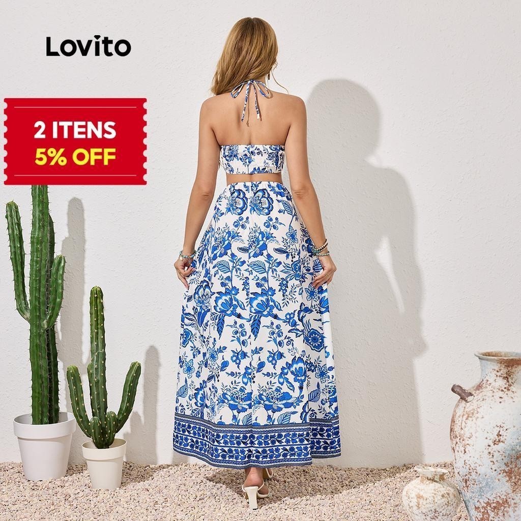(Trendy) Lovito Vestido Boho Floral recortado para mulheres LBL22257