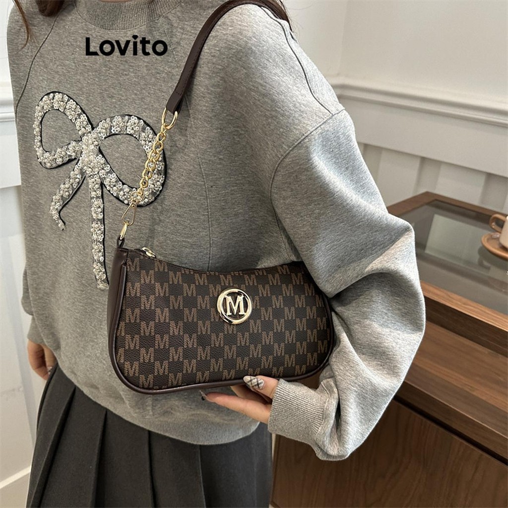 (Trendy) Lovito Casual logotipo de Metal liso pequena bolsa de ombro para mulher LFA67053 em Oferta na Shopee