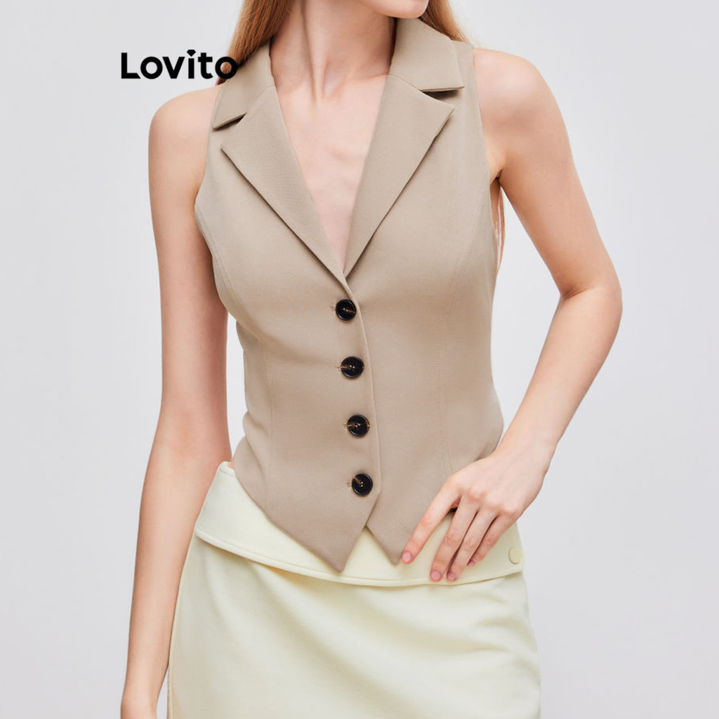 (Trendy) Lovito Regata Casual Com Bolso Liso E Botão Para Mulheres L106AD1257 - Women Clothes