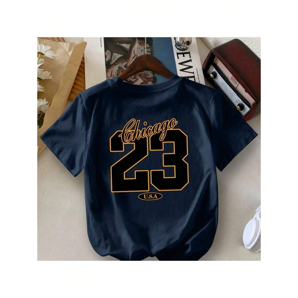 Camiseta Infantil CHICAGO 23 Estampa Frente E Costas Blusa Casual De Manga Curta, Gola Redonda Esportiva Chicago 23