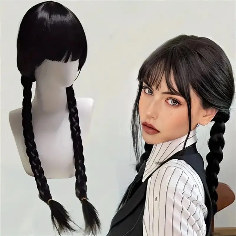 KIT Peruca infantil Preta Trança vandinha Wandinha wednesday  Cosplay Família Addams Cabelo Fantasia