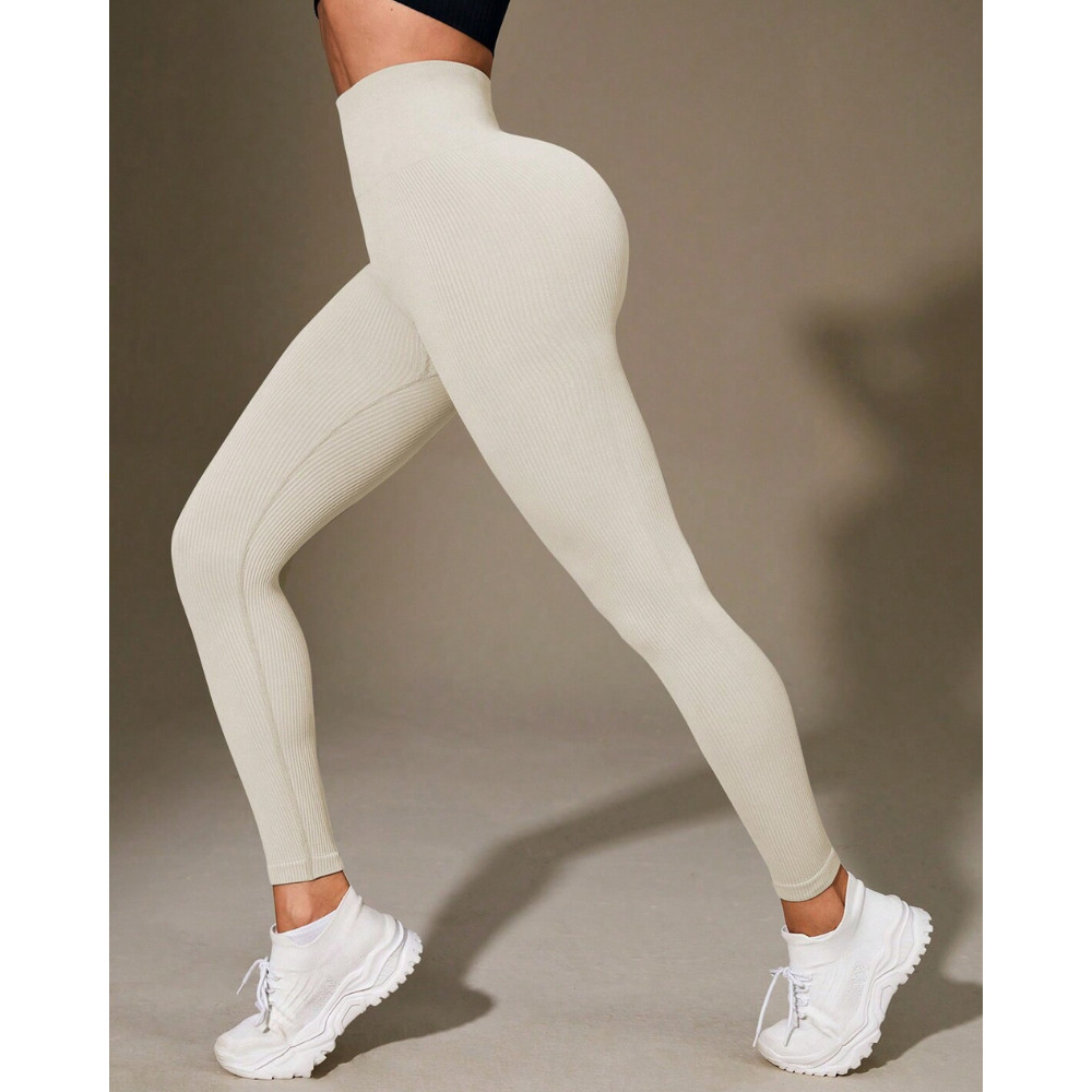 Calça Legging Canelada de Cintura Alta Sem Costura para Academia Feminina Elástica Esportiva Fitness