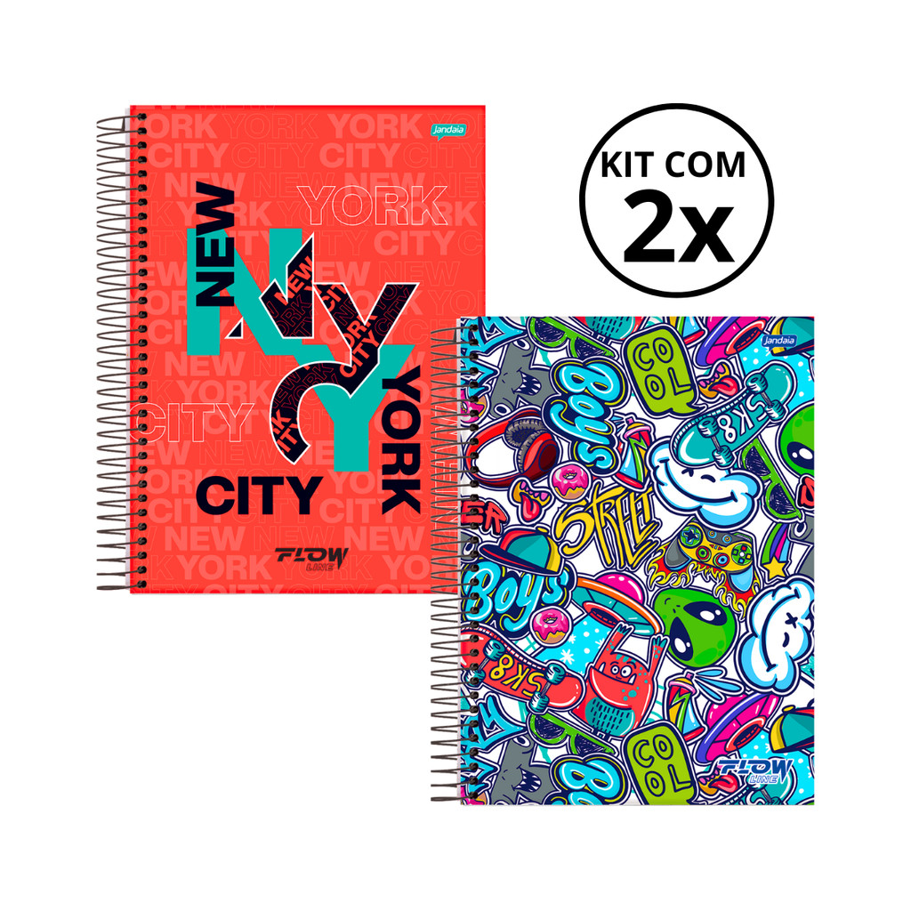 Kit 02 Cadernos Universitário 20 Matérias 320 Folhas Flow - Jandaia CAPA:NewYork/Boys