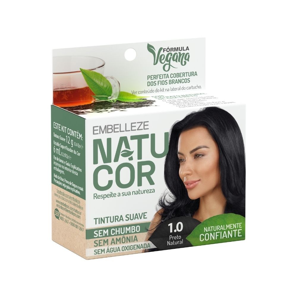 Tintura Pó Natucor Embelleze Preto Natural 1.0 Kit - Beauty